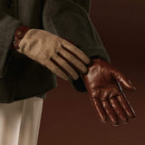 Violetta (brown) - Italian tweed women's gloves with touchscreen capability and adjustable snap button