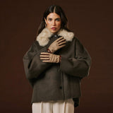 Violetta (brown) - Italian tweed women's gloves with touchscreen capability and adjustable snap button
