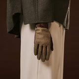 Violetta (brown) - Italian tweed women's gloves with touchscreen capability and adjustable snap button