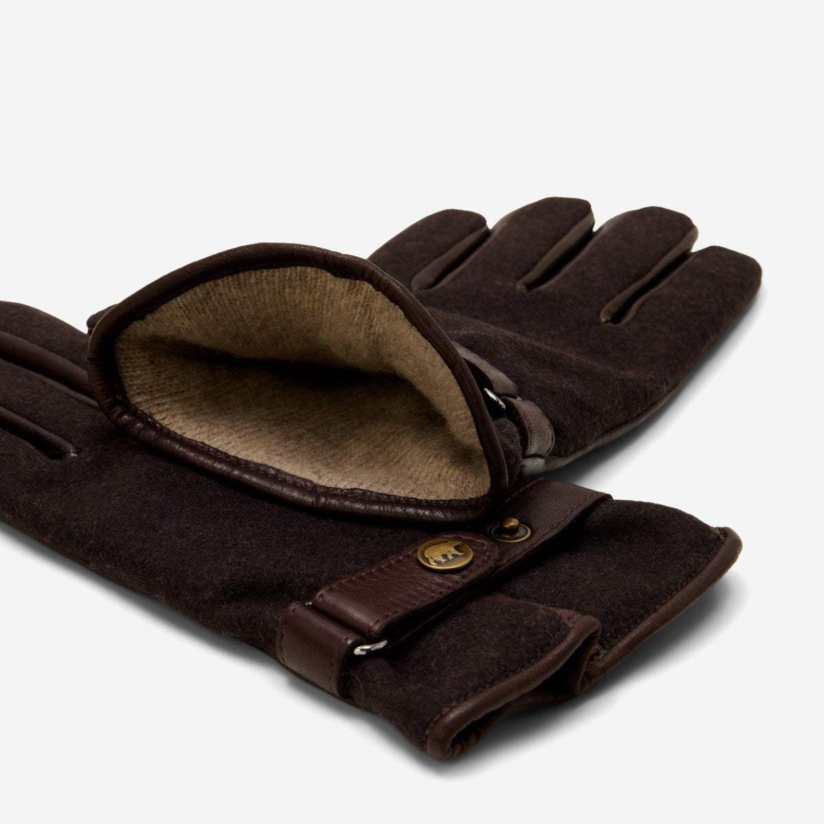 Violetta (dark brown) - Italian tweed women's gloves with touchscreen capability and adjustable snap button