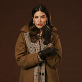 Violetta (dark brown) - Italian tweed women's gloves with touchscreen capability and adjustable snap button