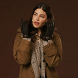 Violetta (dark brown) - Italian tweed women's gloves with touchscreen capability and adjustable snap button