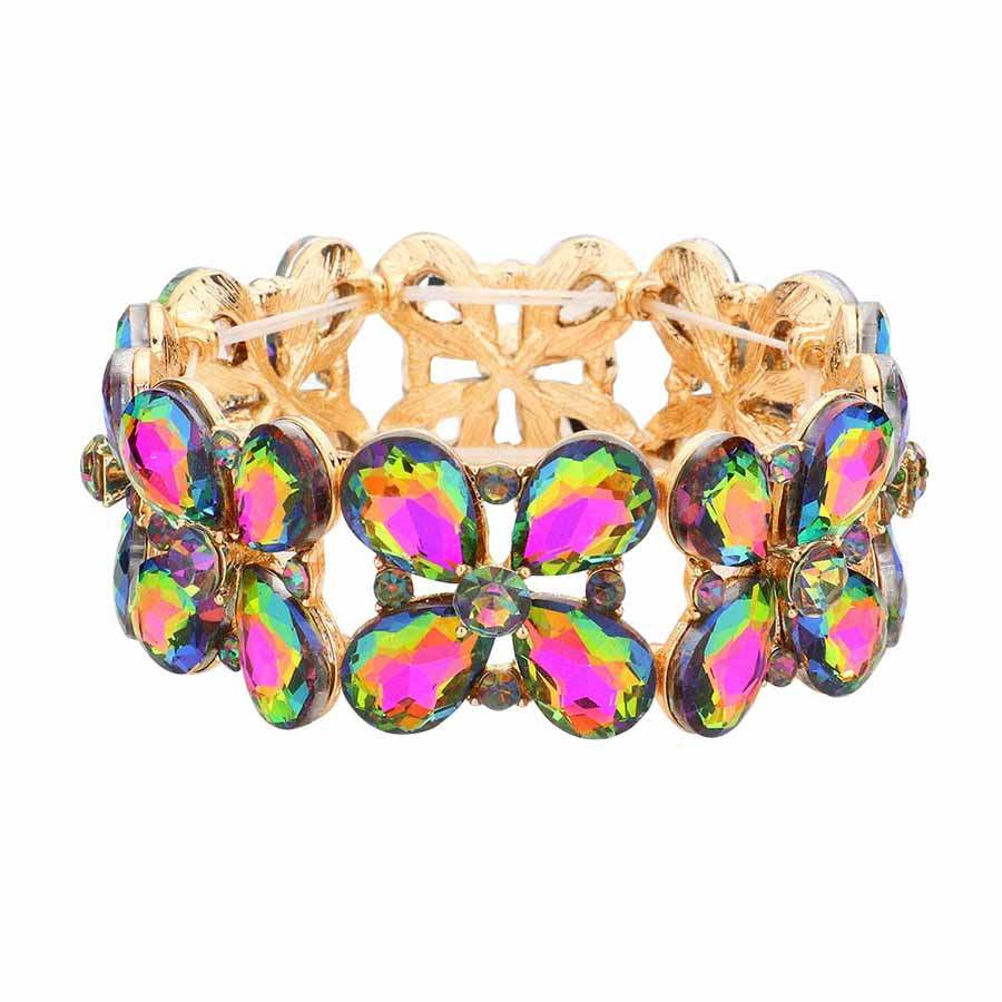 Floral Teardrop Glass Crystal Stretch Evening Bracelet - Madeline Love - Flyclothing LLC