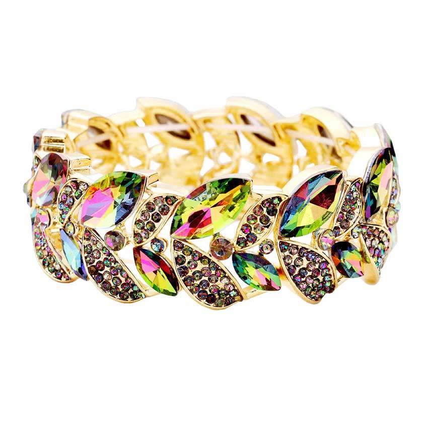 Rhinestone Pave Marquise Stone Leaf Stretch Evening Bracelet - Madeline Love - Flyclothing LLC