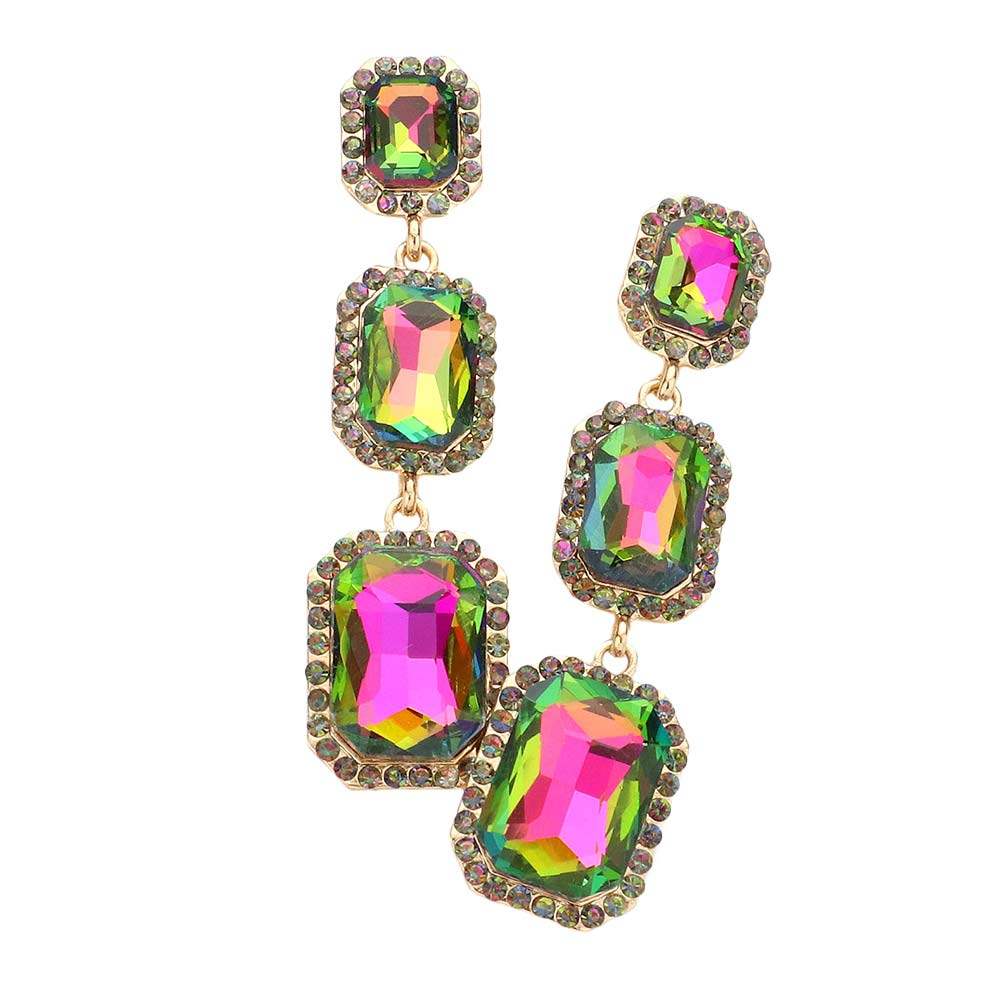 Triple Emerald Cut Stone Link Dangle Evening Earrings - Madeline Love - Flyclothing LLC
