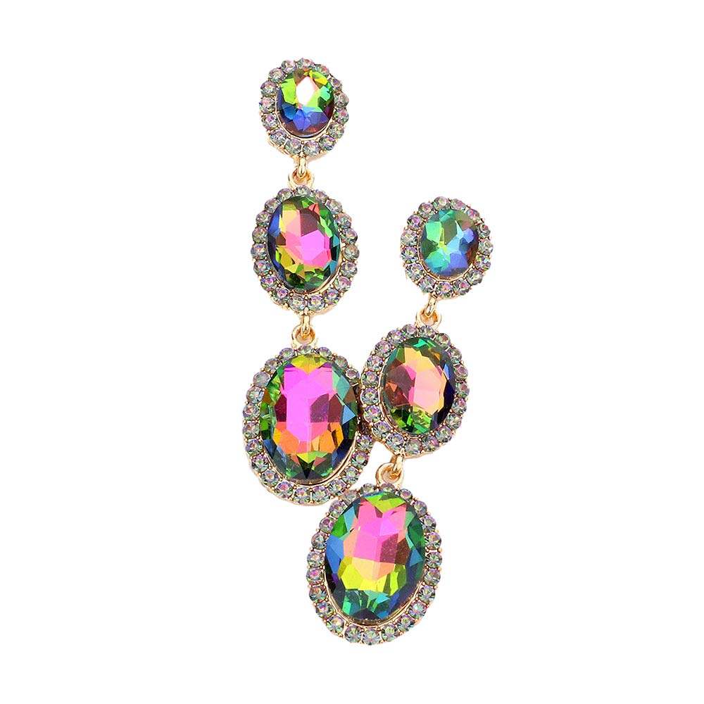 Triple Oval Glass Stone Drop Down Dangle Evening Earrings - Madeline Love - Flyclothing LLC
