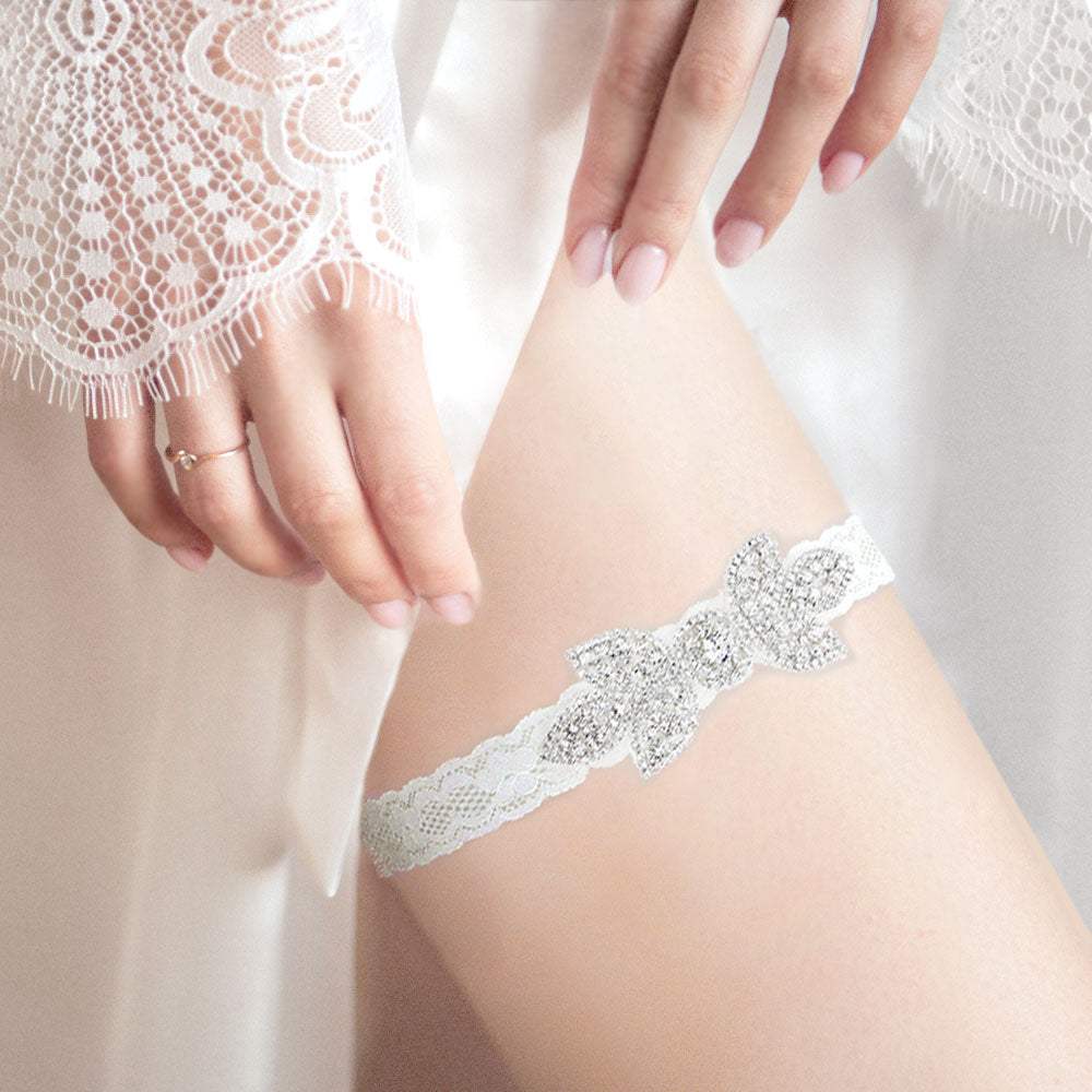 Pave Crystal Rhinestone Leaf Lace Stretch Wedding Garter - Madeline Love - Flyclothing LLC