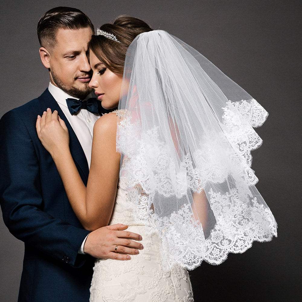 Flower Lace 2 Tier Classy Wedding Veil - Madeline Love - Flyclothing LLC