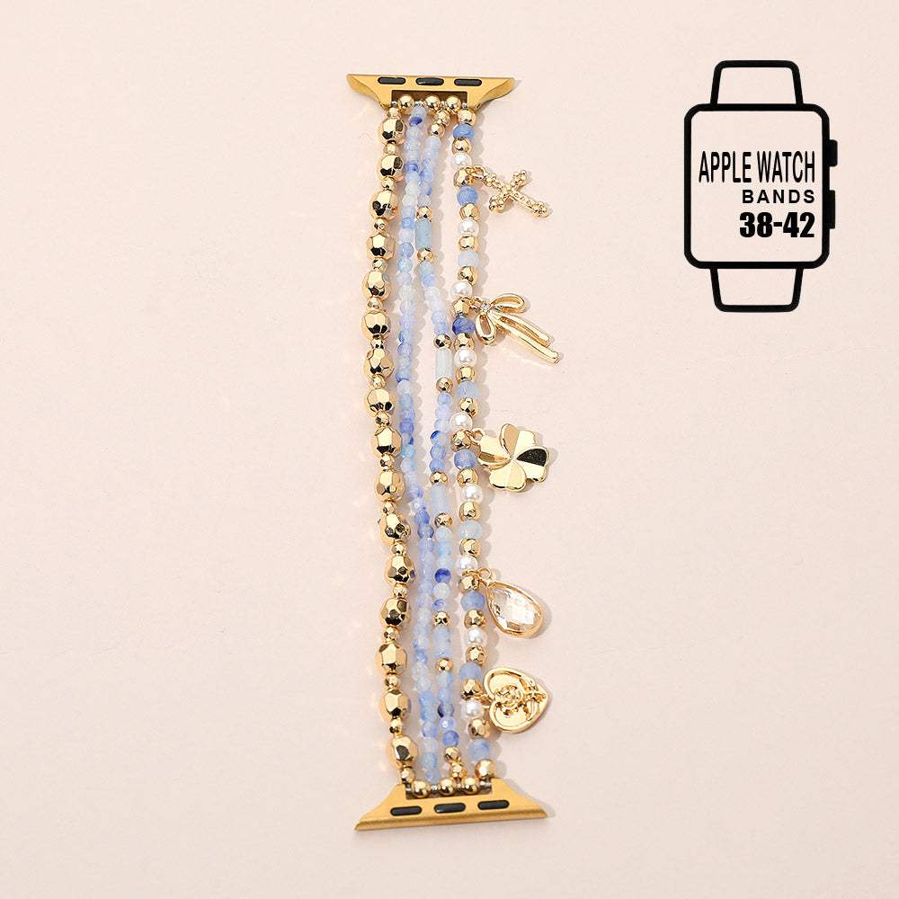 Bow Clover Heart Cross Charm Dangle Floral Ceramic Ball Pearl Beaded Multi Layered Apple Watch Band - Madeline Love - Flyclothing LLC