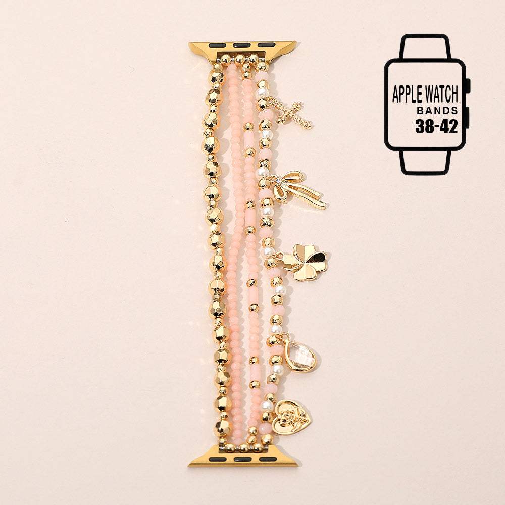 Bow Clover Heart Cross Charm Dangle Floral Ceramic Ball Pearl Beaded Multi Layered Apple Watch Band - Madeline Love - Flyclothing LLC