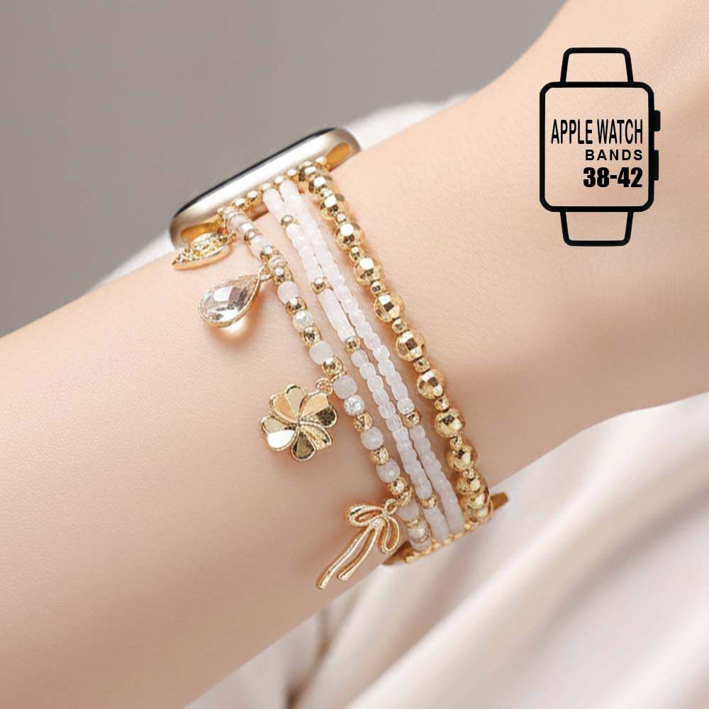 Bow Clover Heart Cross Charm Dangle Floral Ceramic Ball Pearl Beaded Multi Layered Apple Watch Band - Madeline Love - Flyclothing LLC