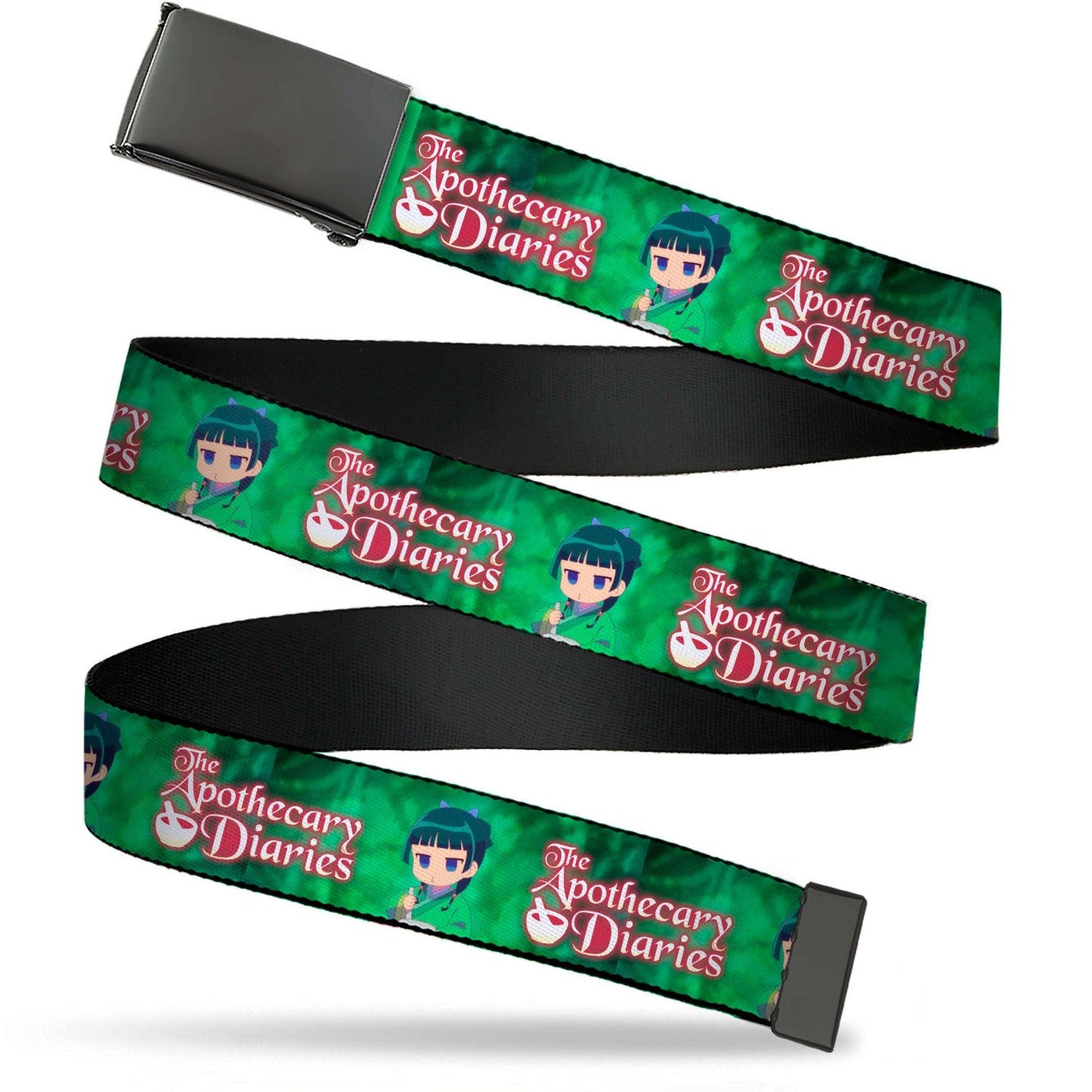 Web Belt Blank Black Buckle - THE APOTHECARY DIARIES Maomao Grinding Pose and Title Logo Greens Webbing