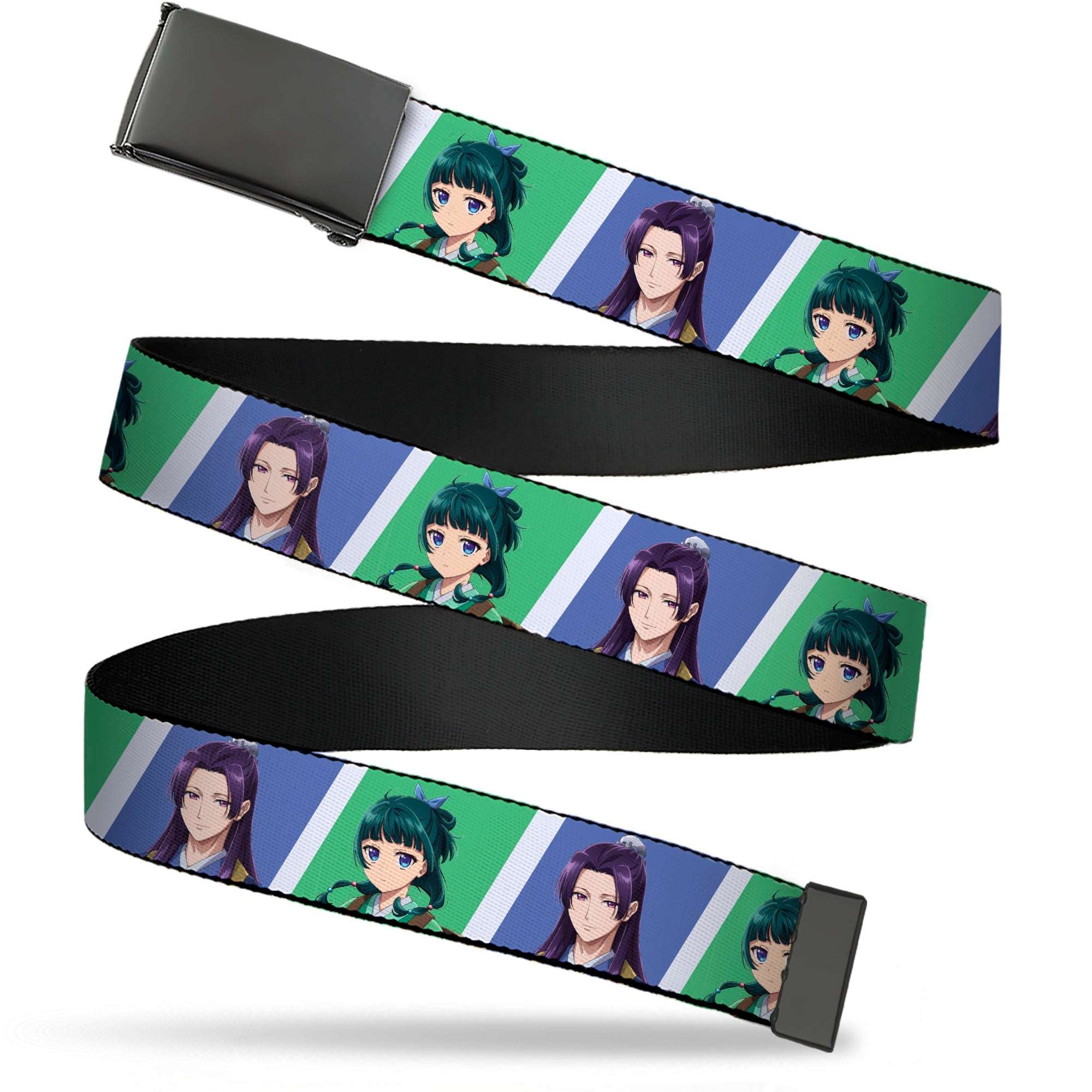 Web Belt Blank Black Buckle - The Apothecary Diaries Jinshi and Maomao Pose Blocks White/Blue/Green Webbing