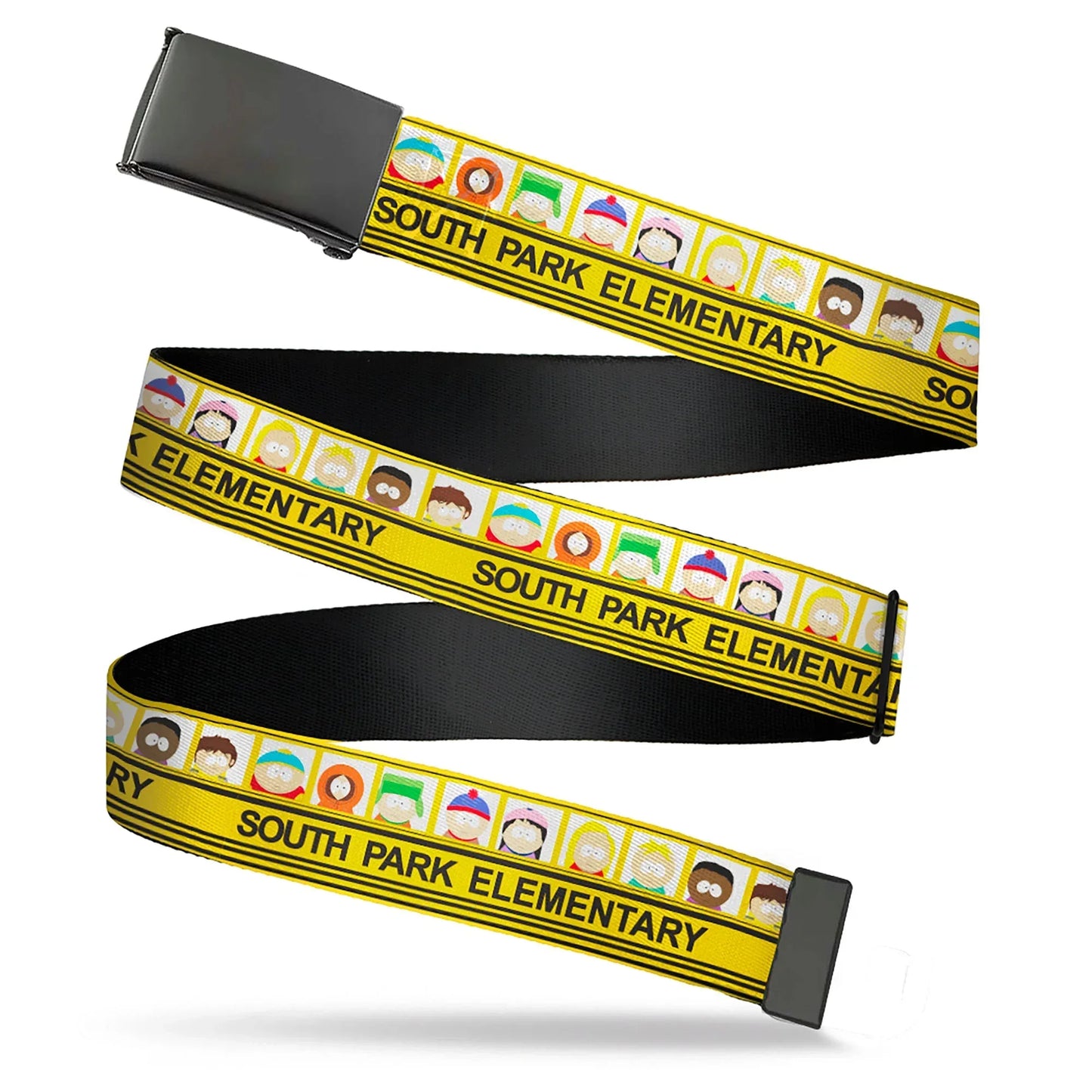 Web Belt Blank Black Buckle - SOUTH PARK ELEMENTARY School Bus Characters Pose Yellow Webbing - Buckle-Down - Flyclothing LLC
