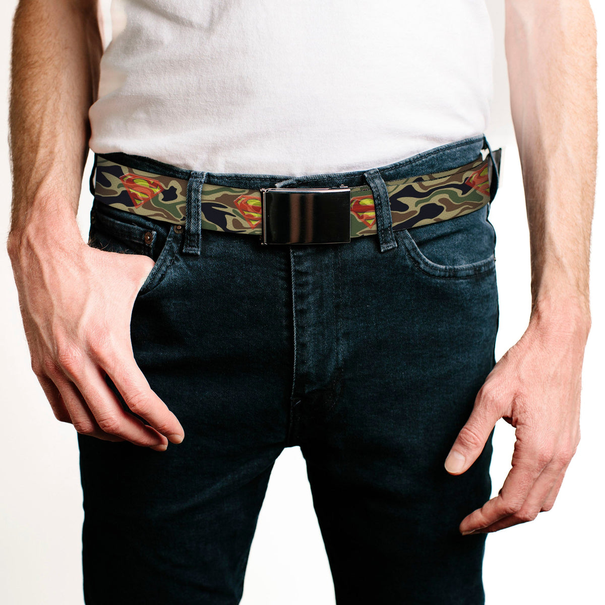 Chrome Buckle Web Belt - Superman Shield Camo Olive Webbing - Buckle-Down - Flyclothing LLC