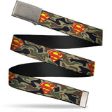 Chrome Buckle Web Belt - Superman Shield Camo Olive Webbing - Buckle-Down - Flyclothing LLC