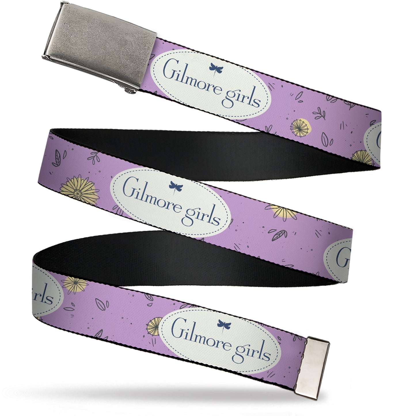 Web Belt Blank Matte Buckle - GILMORE GIRLS Title Logo and Flower Petals Lavender/White/Blue Webbing