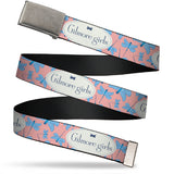 Web Belt Clasp Buckle - GILMORE GIRLS Title Logo and Dragon Flies Scattered Pink/White/Blues Webbing