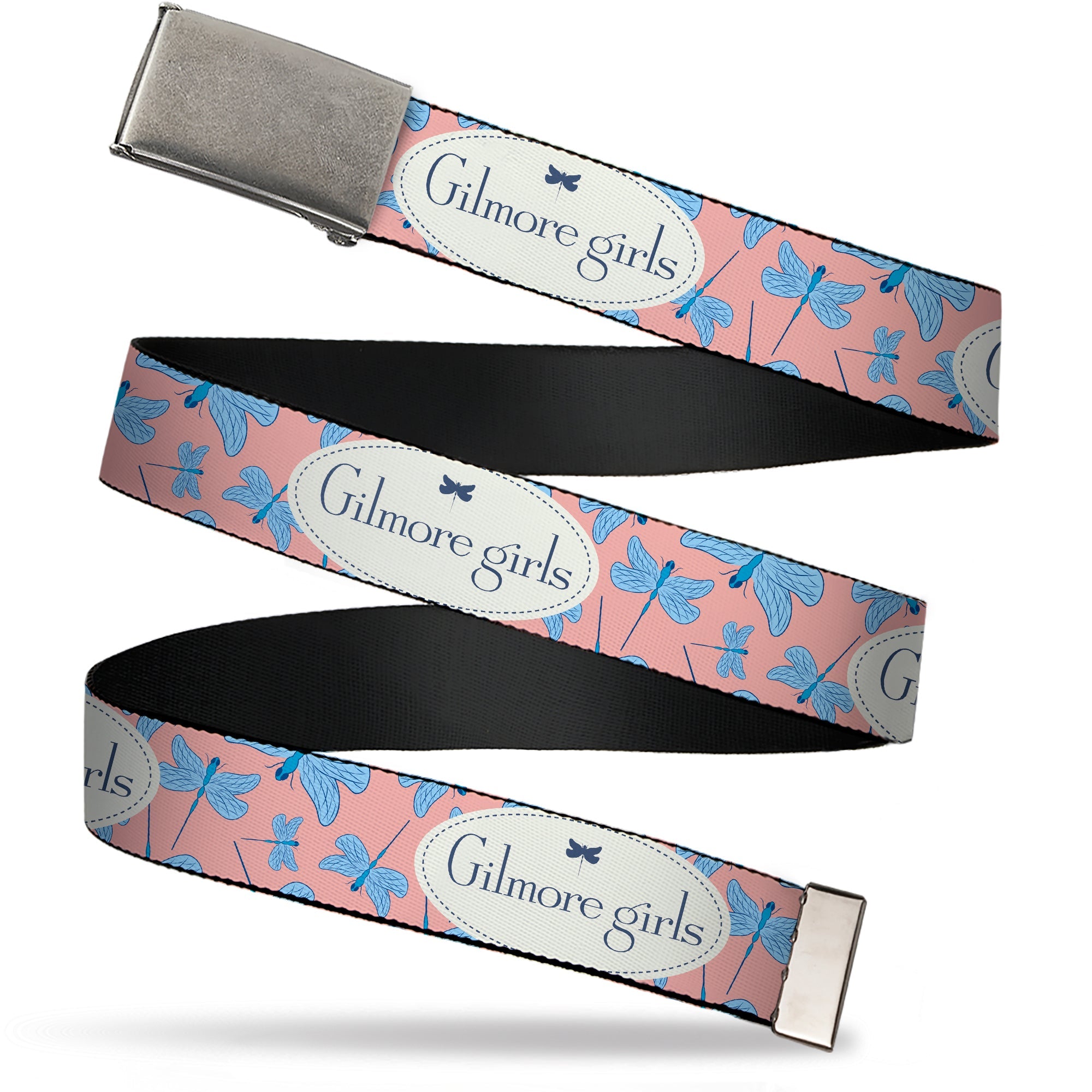 Web Belt Clasp Buckle - GILMORE GIRLS Title Logo and Dragon Flies Scattered Pink/White/Blues Webbing