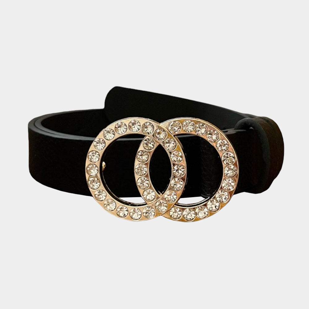 Stone Embellished Buckle Accented Faux Leather Belt - Madeline Love - Flyclothing LLC