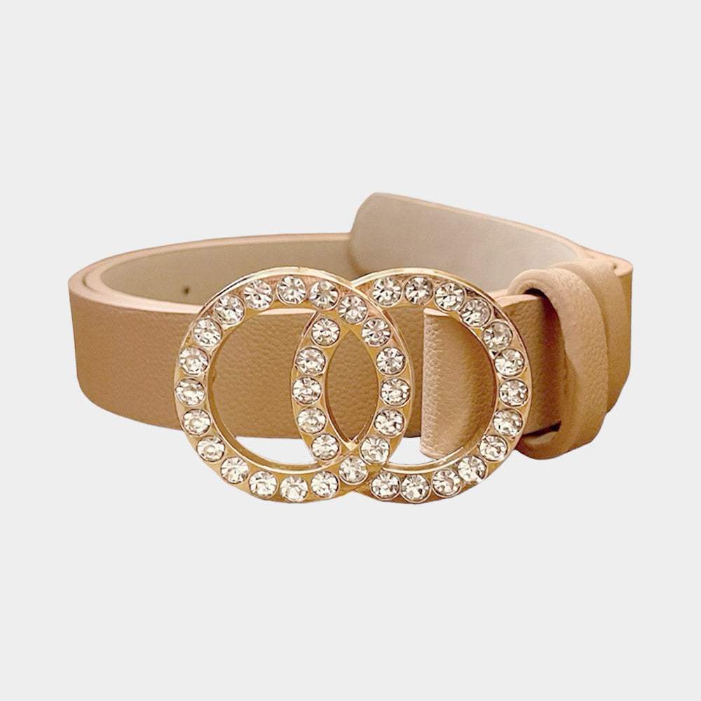 Stone Embellished Buckle Accented Faux Leather Belt - Madeline Love - Flyclothing LLC