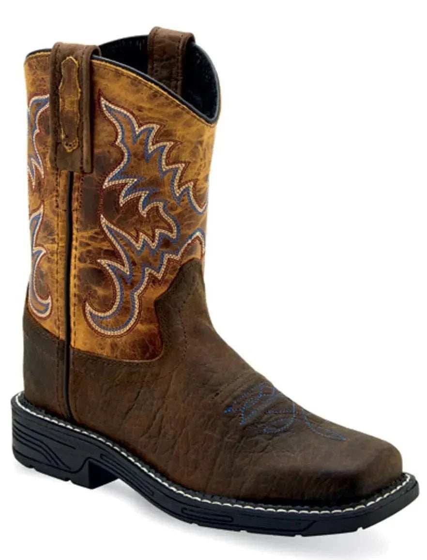 Old West Bull Hide Print Foot Burnt Brown Shaft Children's Square Toe Boots - Old West - Flyclothing LLC