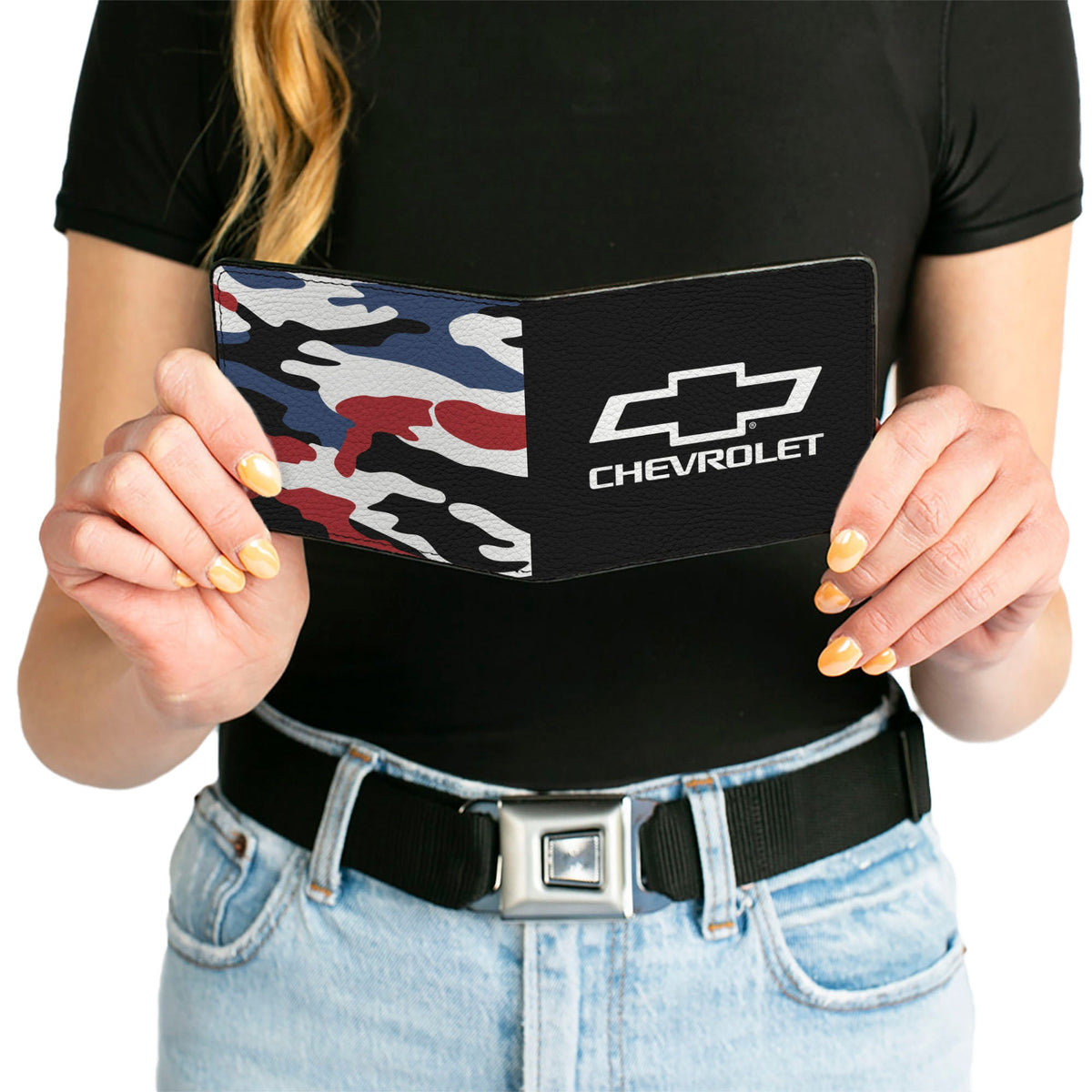 Bi-Fold Wallet - CHEVROLET Bowtie + Americana Camo Black White Red Blue
