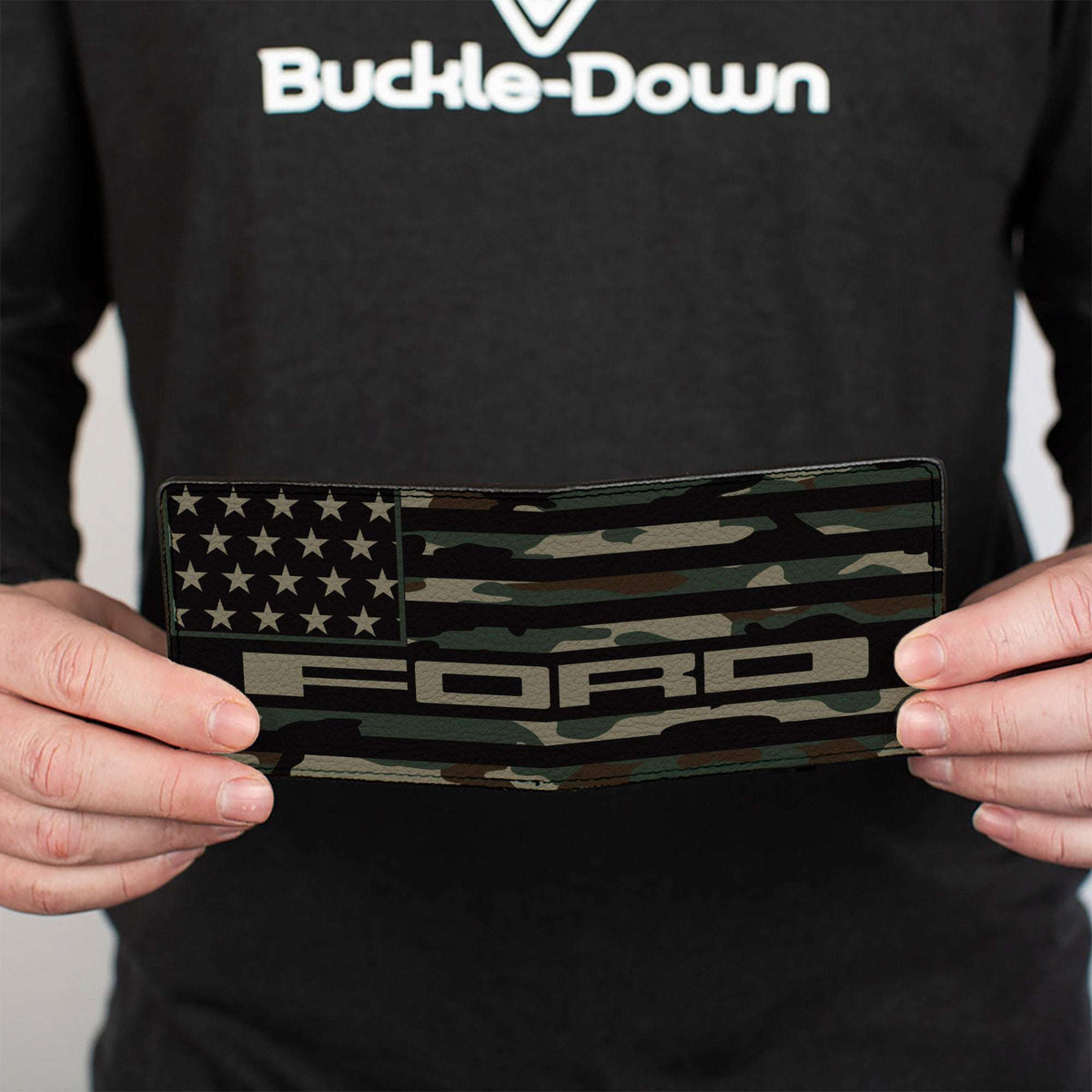 Bi-Fold Wallet - FORD Script Americana Flag Weathered Camo Olive Black Tan - Buckle-Down - Flyclothing LLC