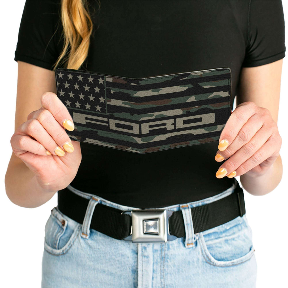 Bi-Fold Wallet - FORD Script Americana Flag Weathered Camo Olive Black Tan - Buckle-Down - Flyclothing LLC