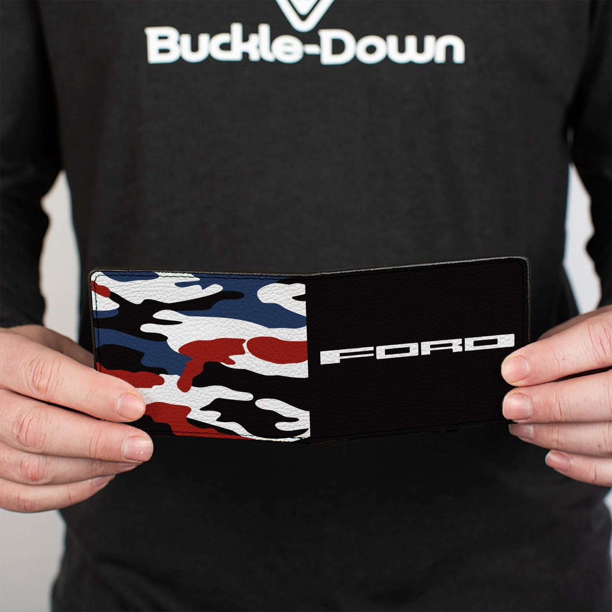 Bi-Fold Wallet - FORD Text + Americana Camo Black White Red Blue - Buckle-Down - Flyclothing LLC