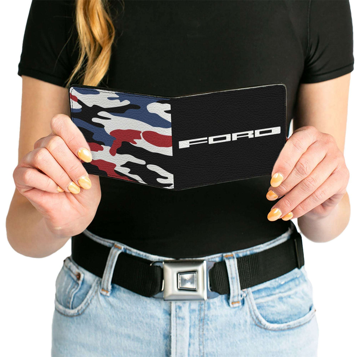Bi-Fold Wallet - FORD Text + Americana Camo Black White Red Blue - Buckle-Down - Flyclothing LLC