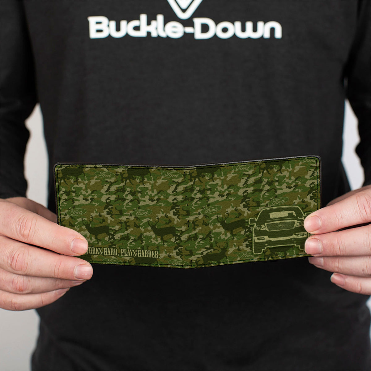 Bi-Fold Wallet - Ford Truck + WORKS HARD, PLAYS HARDER Deer Hunter Camo Olive - Buckle-Down - Flyclothing LLC