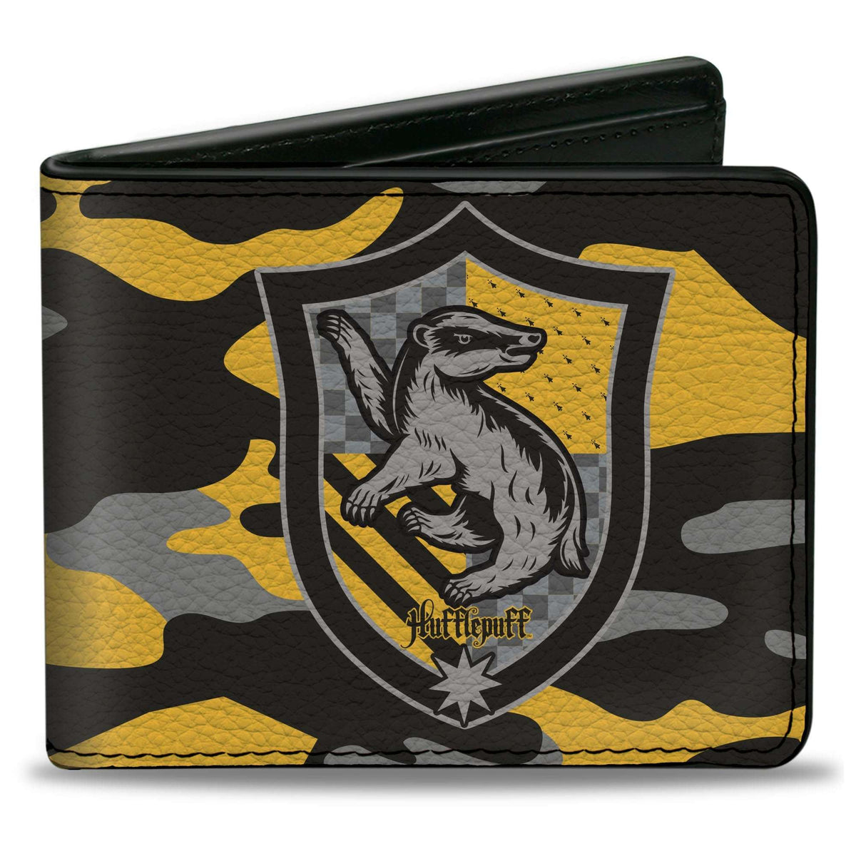 Bi-Fold Wallet - Harry Potter Hufflepuff Crest Camo Yellow Grays Black - Buckle-Down - Flyclothing LLC