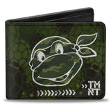 Bi-Fold Wallet - Classic Turtle Face CLOSE-UP Outline TMNT Turtle Shell Camo Olive White