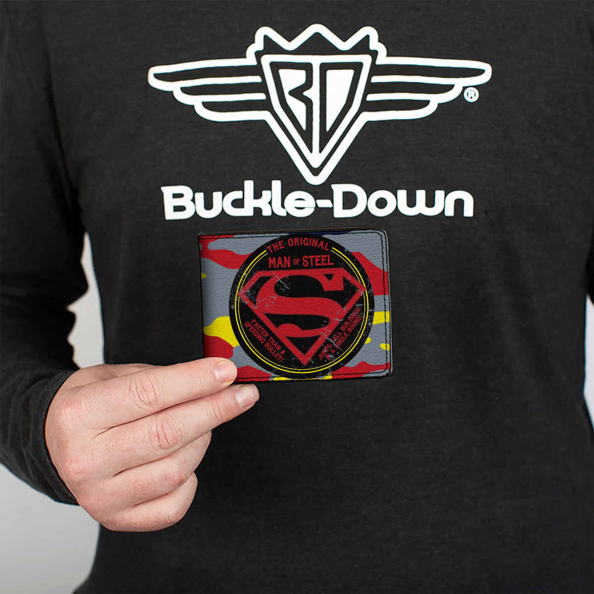 Bi-Fold Wallet - Superman THE ORIGINAL MAN OF STEEL Badge Camo Gray Red Yellow Blue - Buckle-Down - Flyclothing LLC