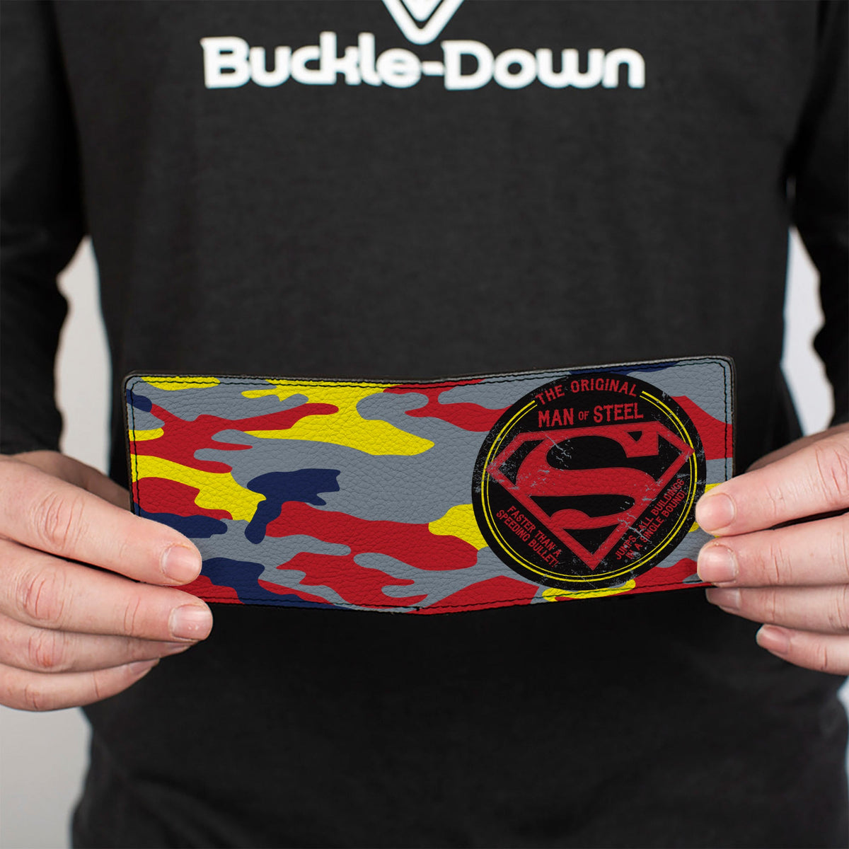 Bi-Fold Wallet - Superman THE ORIGINAL MAN OF STEEL Badge Camo Gray Red Yellow Blue - Buckle-Down - Flyclothing LLC