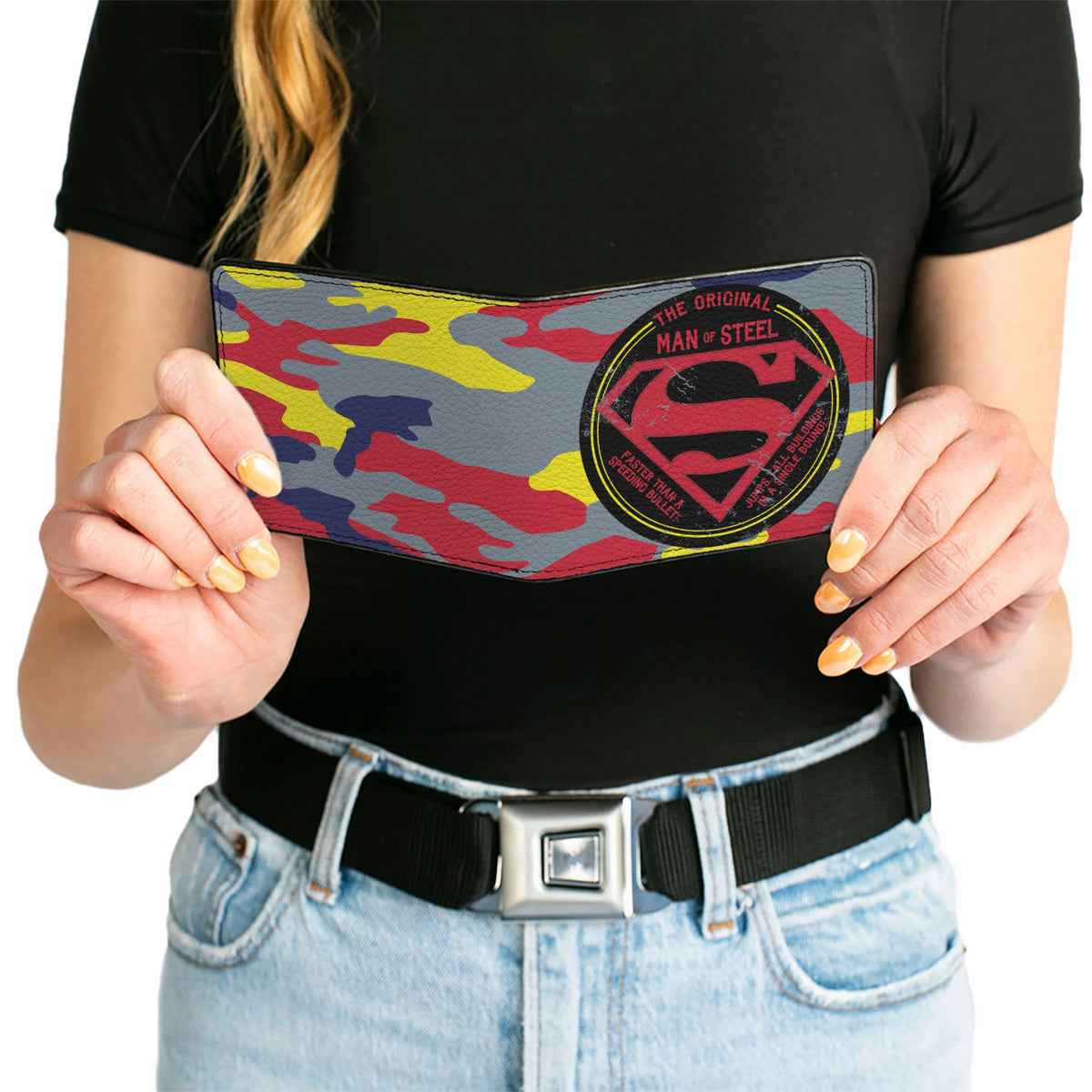 Bi-Fold Wallet - Superman THE ORIGINAL MAN OF STEEL Badge Camo Gray Red Yellow Blue - Buckle-Down - Flyclothing LLC