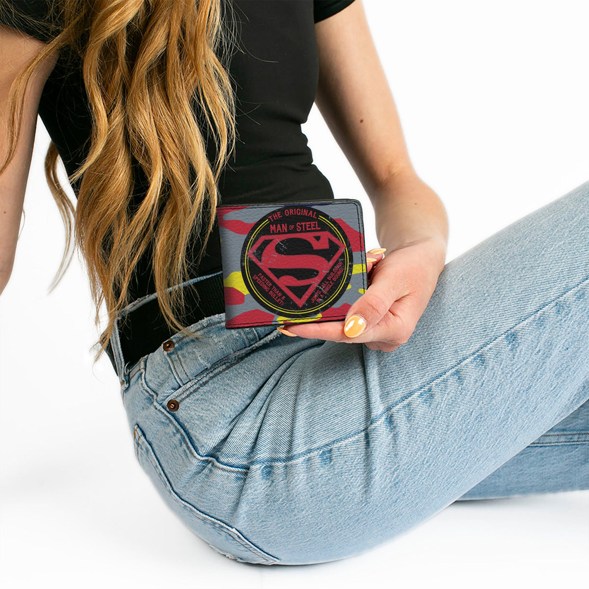 Bi-Fold Wallet - Superman THE ORIGINAL MAN OF STEEL Badge Camo Gray Red Yellow Blue - Buckle-Down - Flyclothing LLC