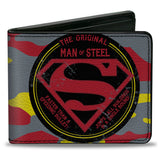 Bi-Fold Wallet - Superman THE ORIGINAL MAN OF STEEL Badge Camo Gray Red Yellow Blue - Buckle-Down - Flyclothing LLC