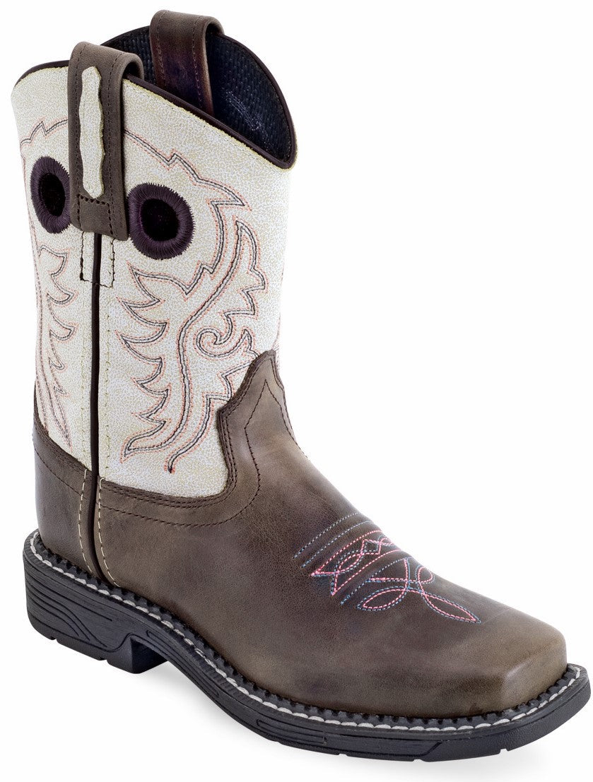 Old West Children's & Youth's Square Toe Boots Chocolate Brown Foot / Vintage White Shaft WB1014 WB1014Y - Old West - Flyclothing LLC