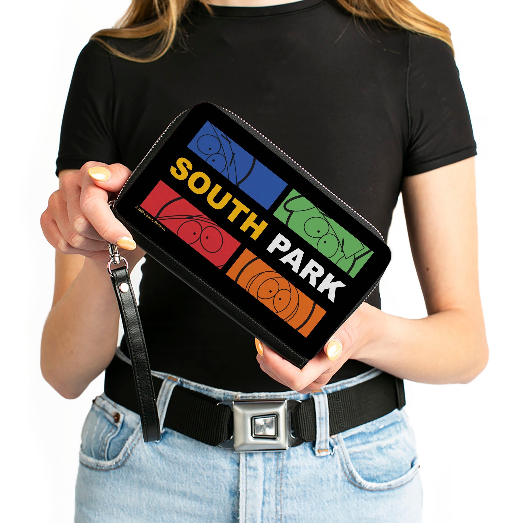 PU Zip Around Wallet Rectangle - SOUTH PARK Boys Face Blocks and Text Black/Multi Color