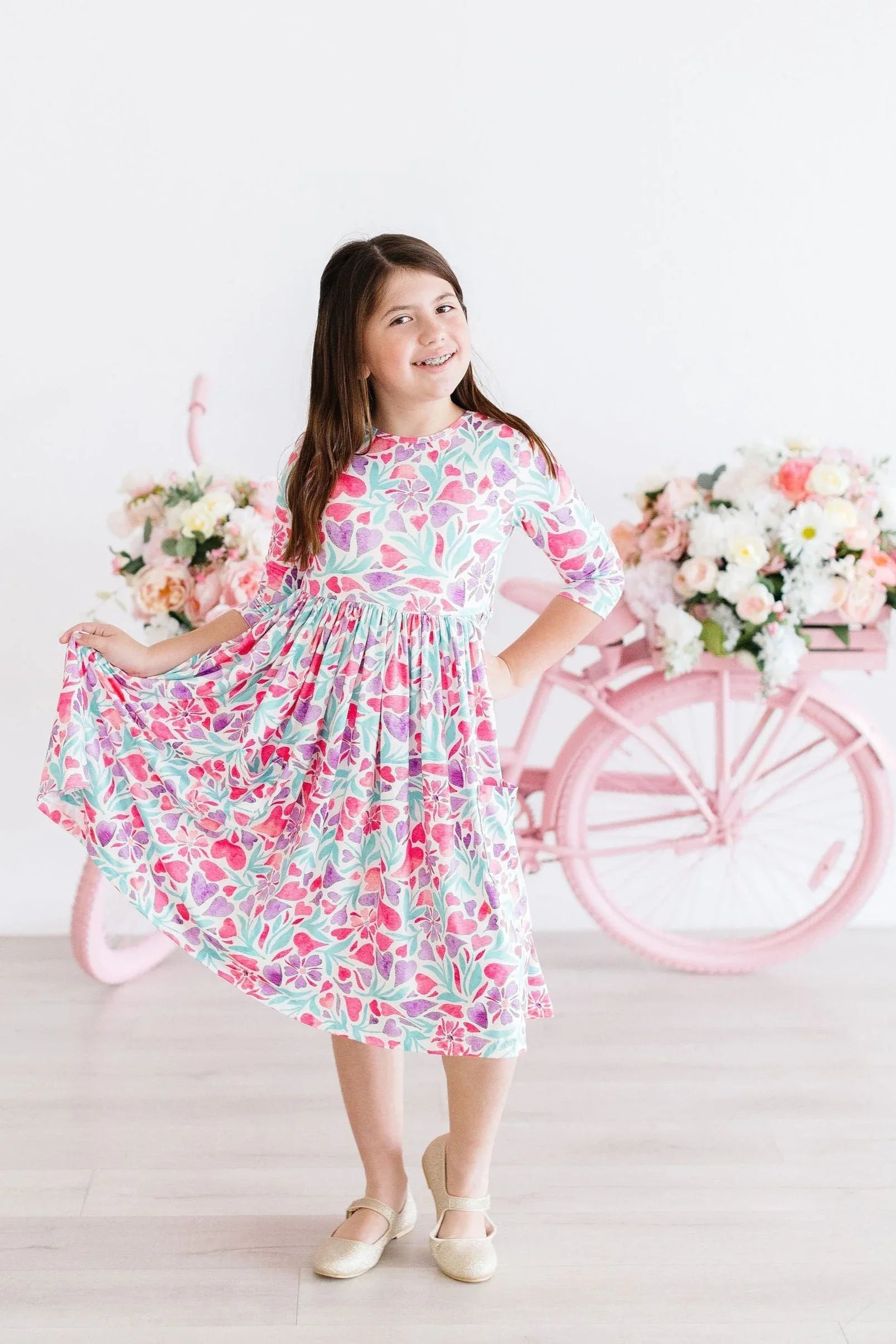 Watercolor Hearts 3/4 Sleeve Pocket Twirl Dress - Mila & Rose ® - Flyclothing LLC