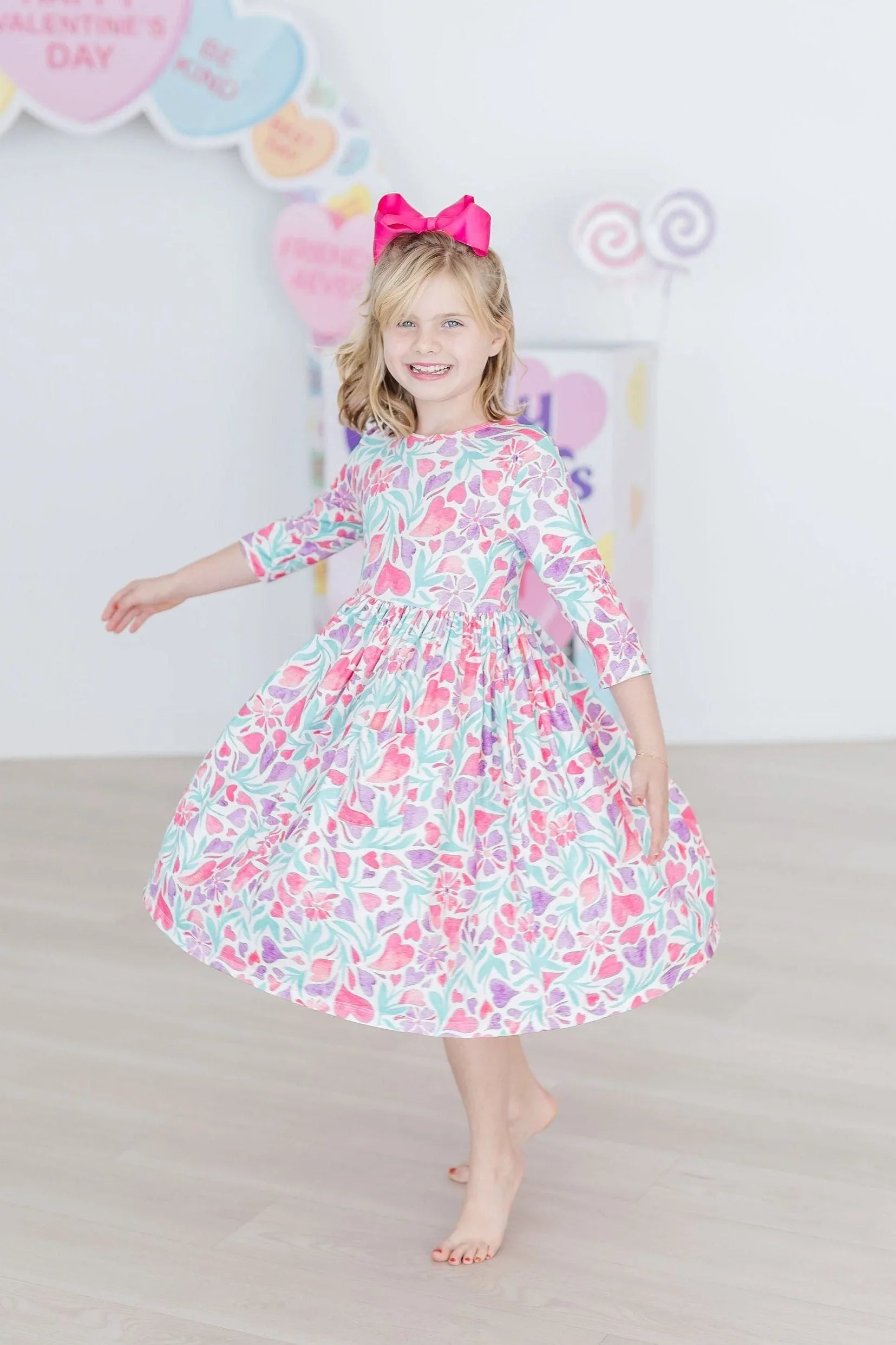 Watercolor Hearts 3/4 Sleeve Pocket Twirl Dress - Mila & Rose ® - Flyclothing LLC