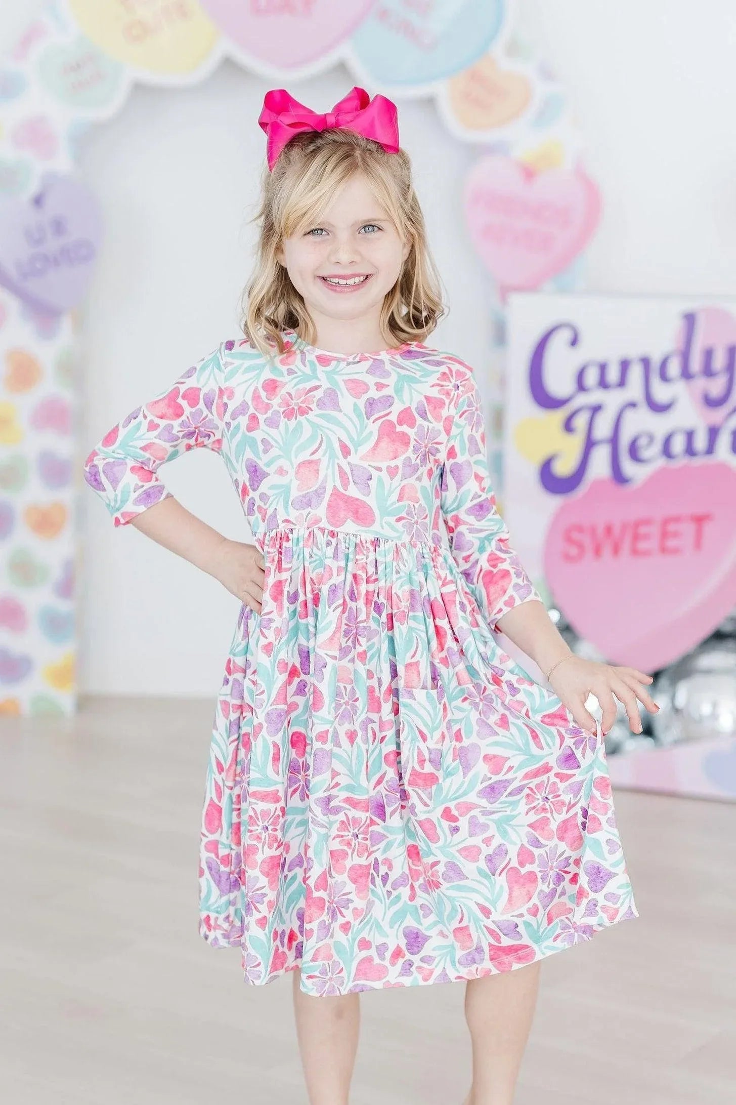 Watercolor Hearts 3/4 Sleeve Pocket Twirl Dress - Mila & Rose ® - Flyclothing LLC