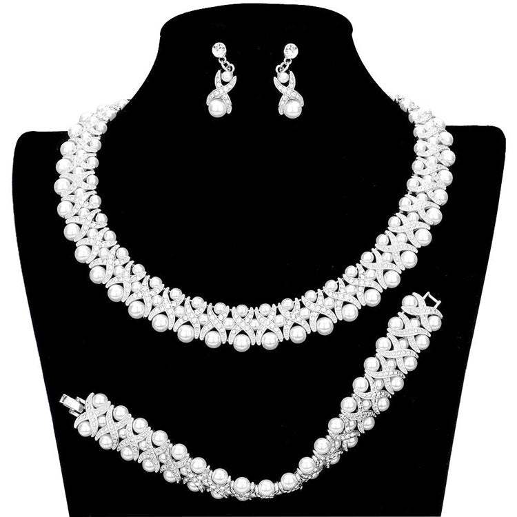 3pcs Pearl Crystal Rhinestone Necklace Jewelry Set - Madeline Love - Flyclothing LLC