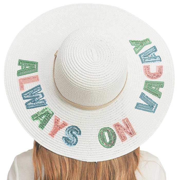 Always On Vacay Sequin Message Straw Panama Sun Hat - Madeline Love - Flyclothing LLC