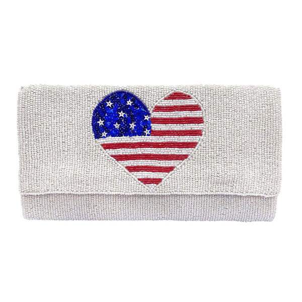 American USA Flag Heart Seed Beaded Clutch Crossbody Bag - Madeline Love - Flyclothing LLC