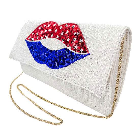 American USA Flag Lips Seed Beaded Clutch Crossbody Bag - Madeline Love - Flyclothing LLC