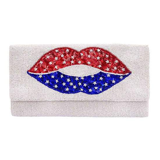 American USA Flag Lips Seed Beaded Clutch Crossbody Bag - Madeline Love - Flyclothing LLC