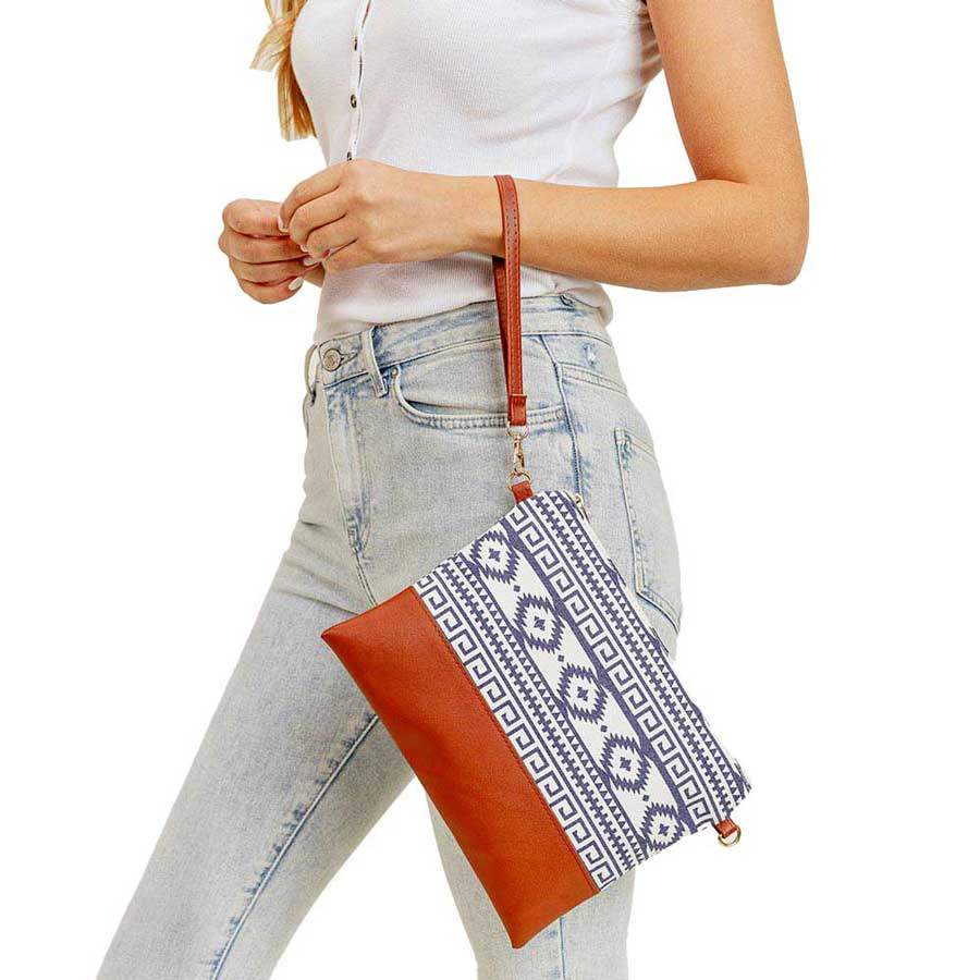 Aztec Patterned Wristlet Clutch Crossbody Bag - Madeline Love - Flyclothing LLC